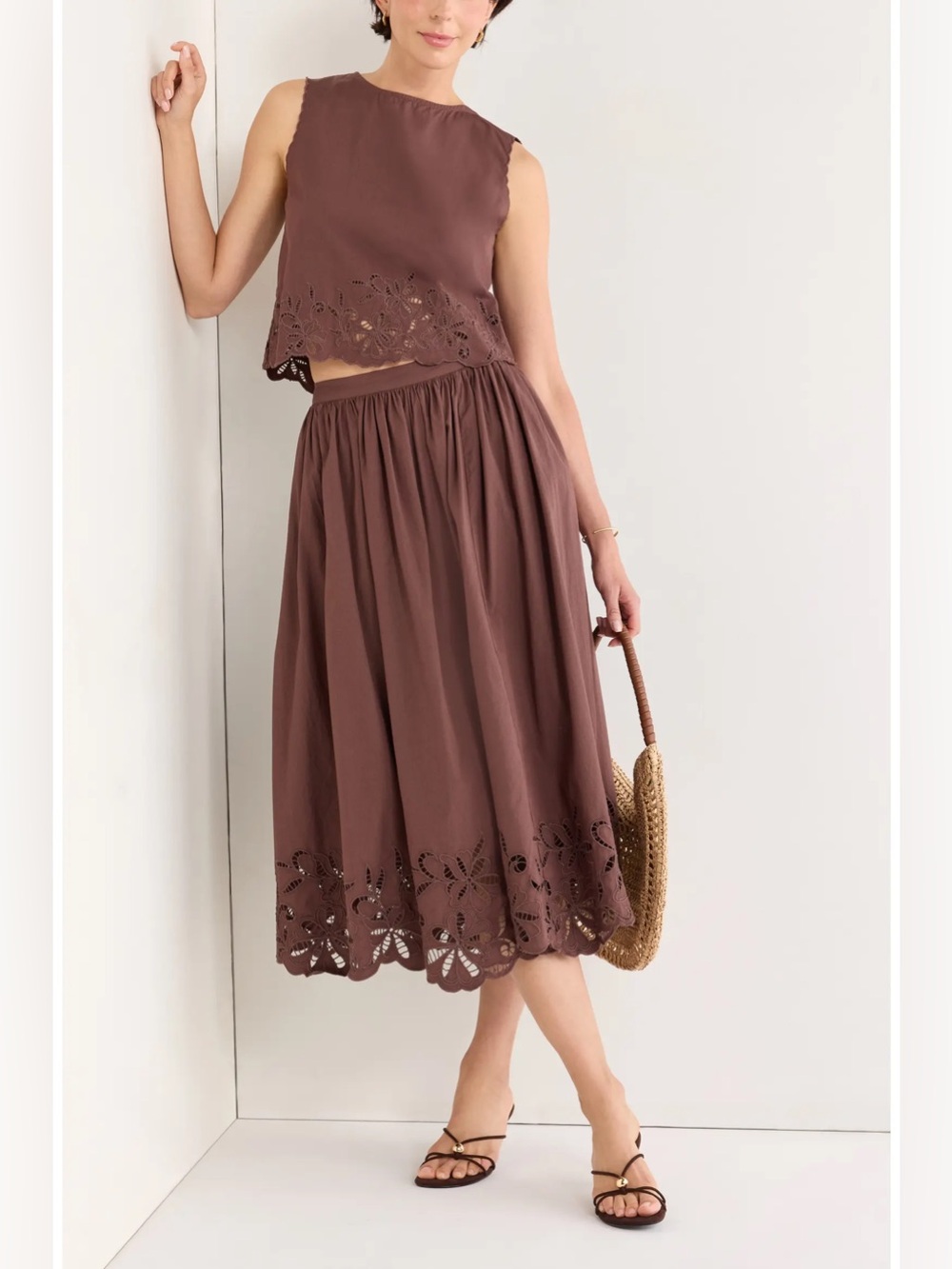 Nordstrom Schiffly Brown Cotton Eyelet Midi Skirt